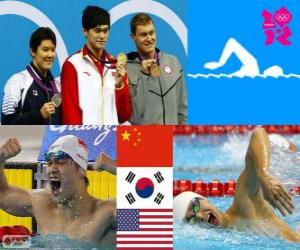 yapboz Yüzme Erkekler 400 metre serbest podyum, Sun Yang (Çin), Park Tae Hwan (Güney Kore) ve Peter Vanderkaay (ABD) - Londra 2012-